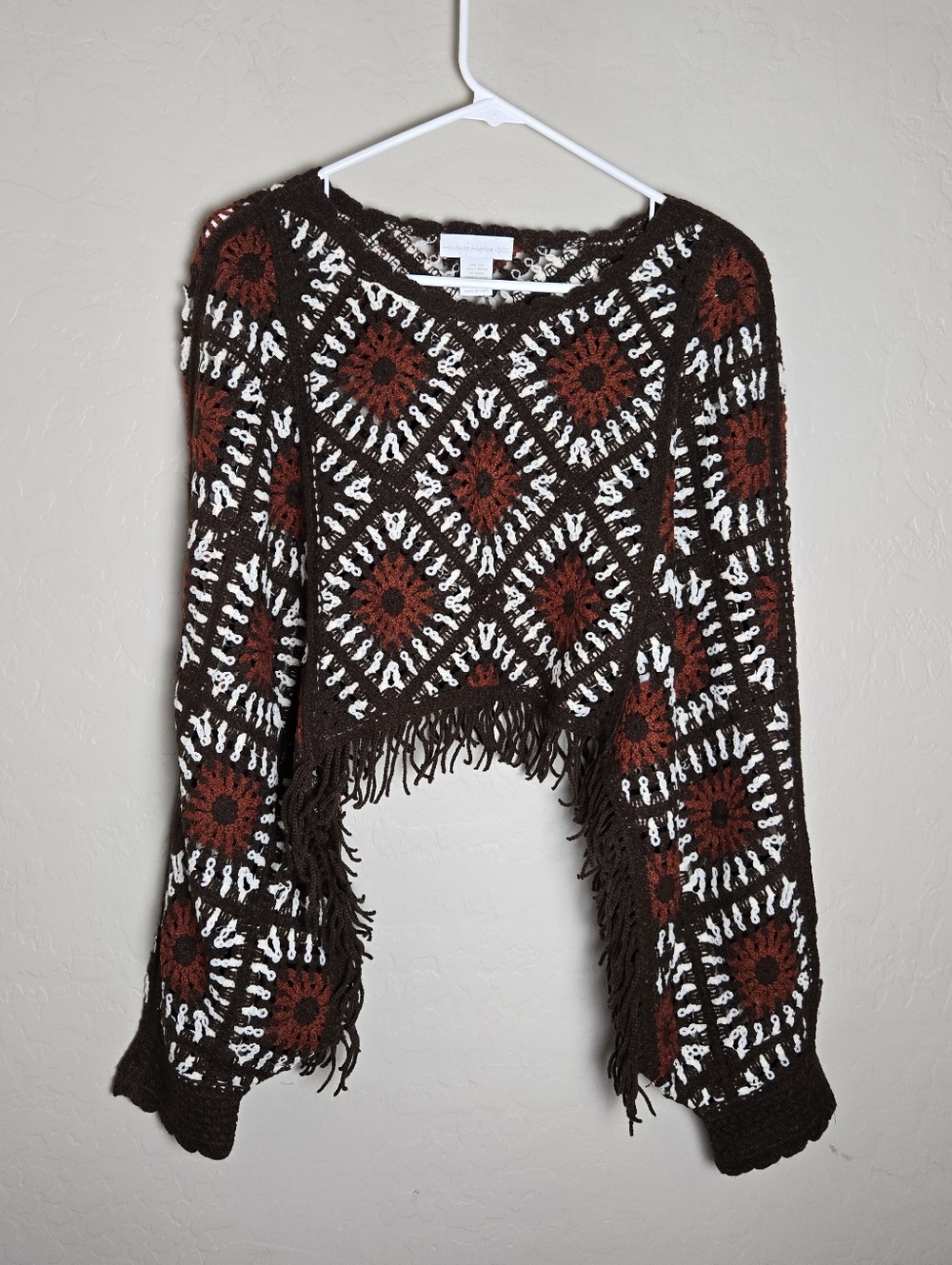 House of Harlow 1960 Crochet Poncho Sweater Fringe Granny Square Brown Rust